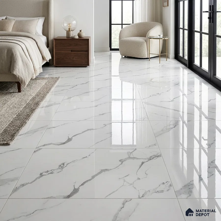 Modern Bedroom with Glossy White Marble-Look Floor Tile