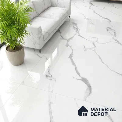 Modern living room with white statuario marble look floor tiles and marble upholstery sofa