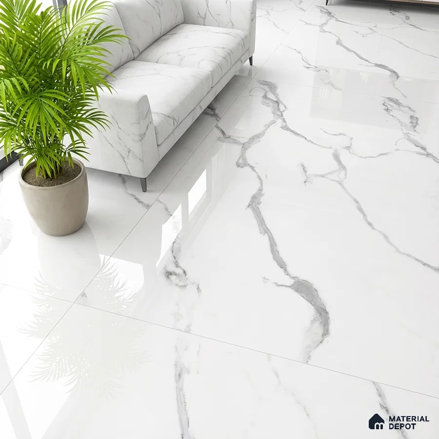 Modern living room with white statuario marble look floor tiles and marble upholstery sofa