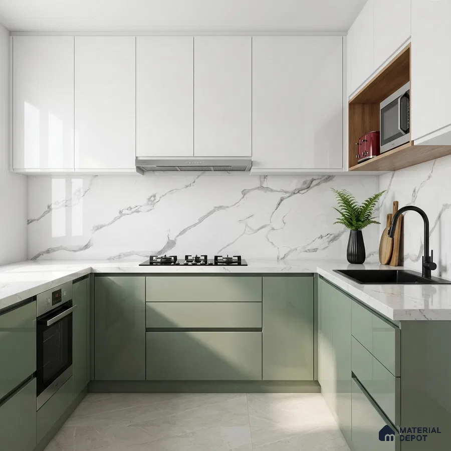 Modern dual tone kitchen with sage green and frosty white laminate, marble-look backsplash and countertop