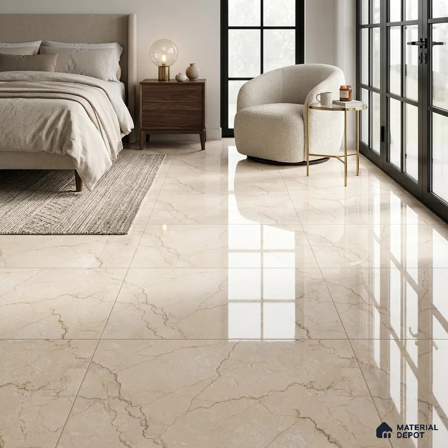 Modern Bedroom with Glossy Cream Marble-Look Floor Tile