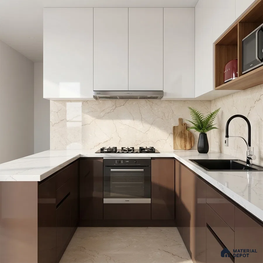 Modern U-shaped kitchen with glossy brown laminate, white marble-look quartz countertop, and marble backsplash
