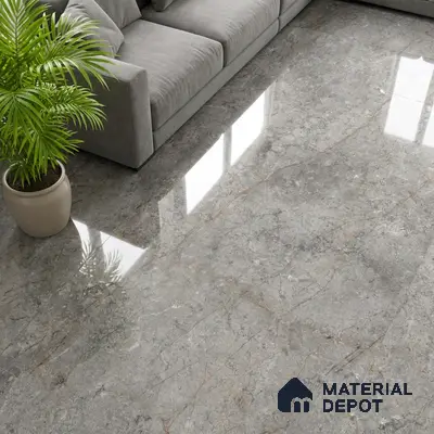 Modern living room with grey marble-look polished floor tile and grey fabric sofa