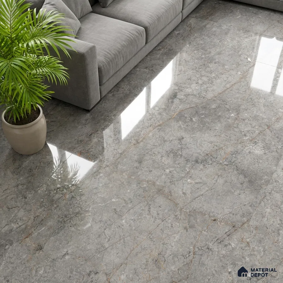 Modern living room with grey marble-look polished floor tile and grey fabric sofa