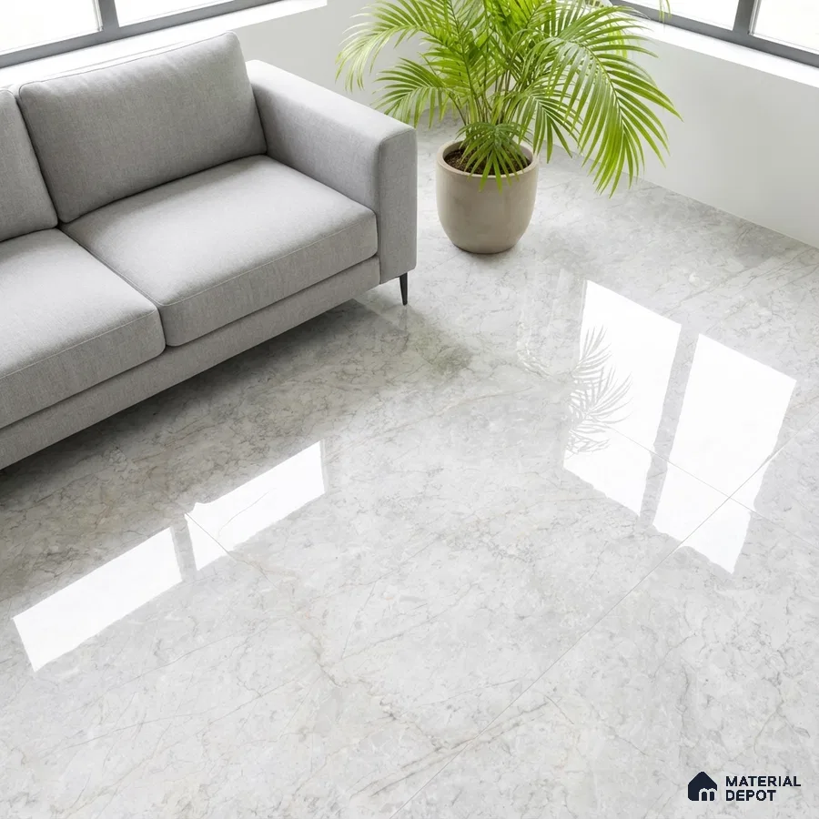 Minimalist living room with light grey marble-look polished floor tiles and modern grey sofa