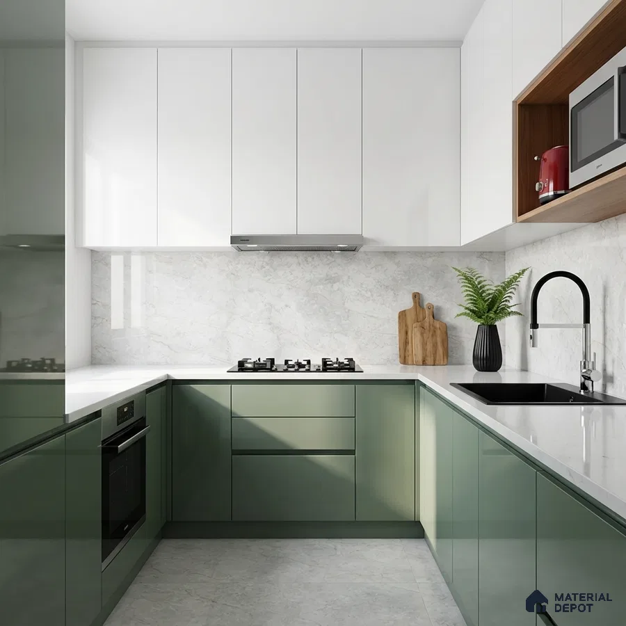 Modern dual tone kitchen with sage green and frosty white laminate, white marble backsplash and countertop