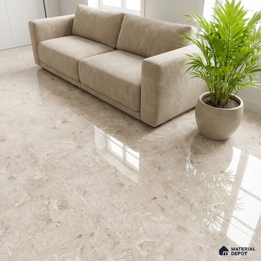 Modern living room with beige marble floor tiles and suede upholstered sofa