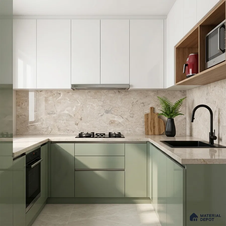 Modern dual tone kitchen with sage green and frosty white laminate, beige marble backsplash and countertop