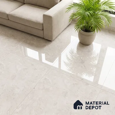 Modern living room with beige marble-look glossy floor tiles and neutral sofa