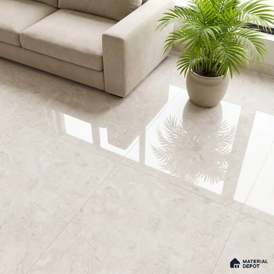 Modern living room with beige marble-look glossy floor tiles and neutral sofa