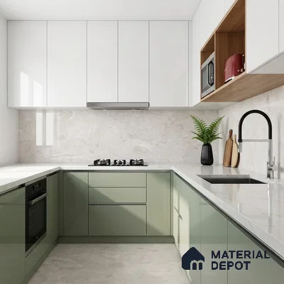 Modern dual tone kitchen with sage green and frosty white high gloss laminate, white marble backsplash and countertop