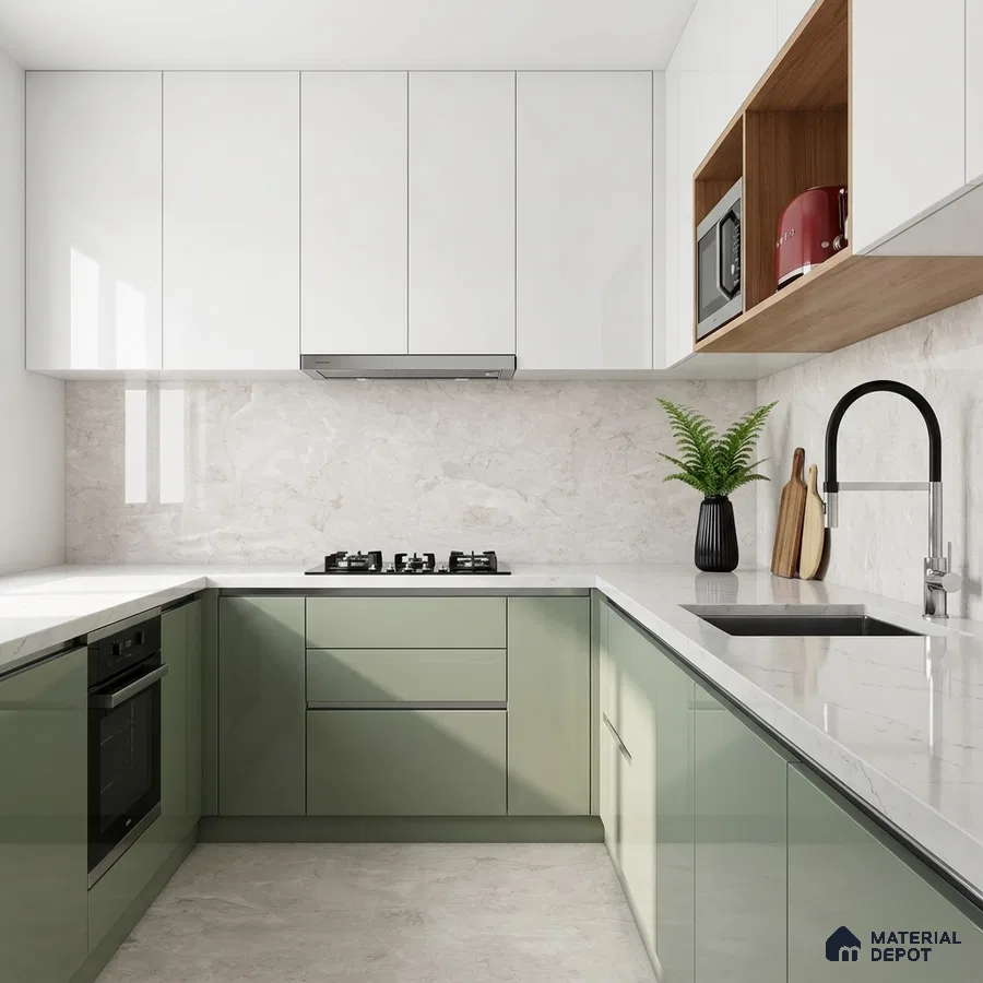 Modern dual tone kitchen with sage green and frosty white high gloss laminate, white marble backsplash and countertop