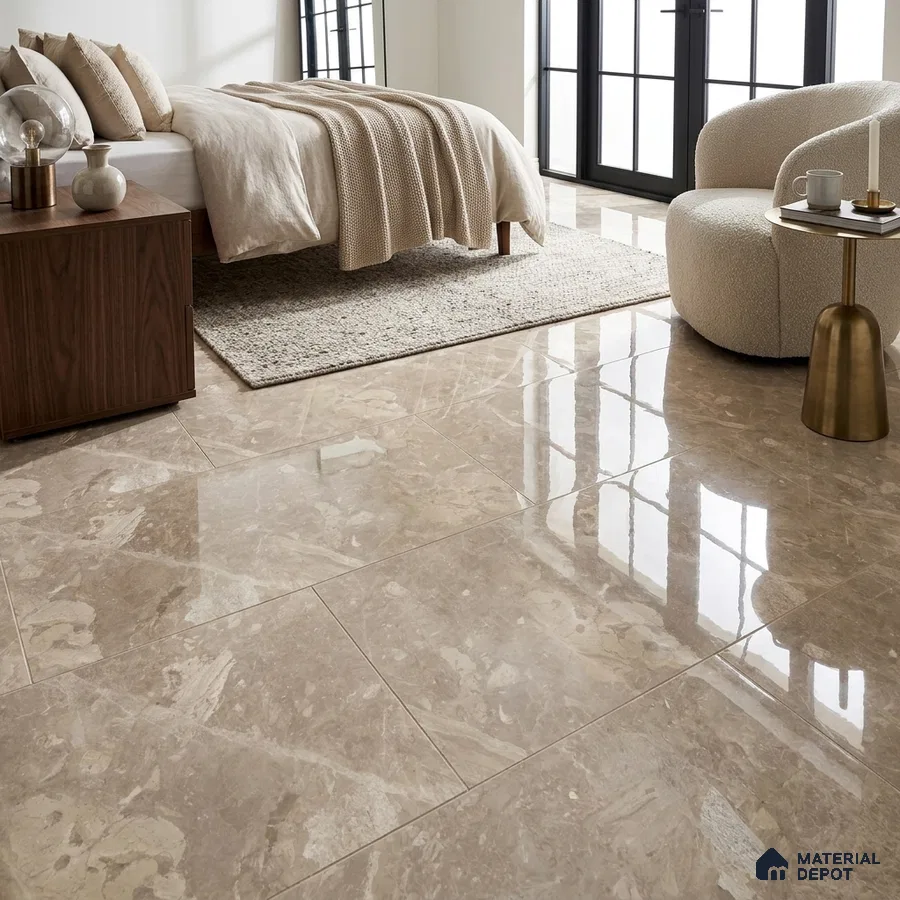 Modern Bedroom with Glossy Greige Marble-Look Floor Tile