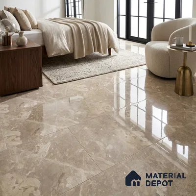 Modern Bedroom with Glossy Greige Marble-Look Floor Tile