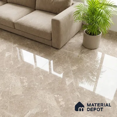 Modern living room with beige marble floor tiles and taupe fabric sofa