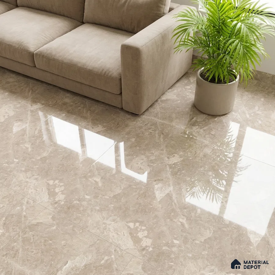 Modern living room with beige marble floor tiles and taupe fabric sofa