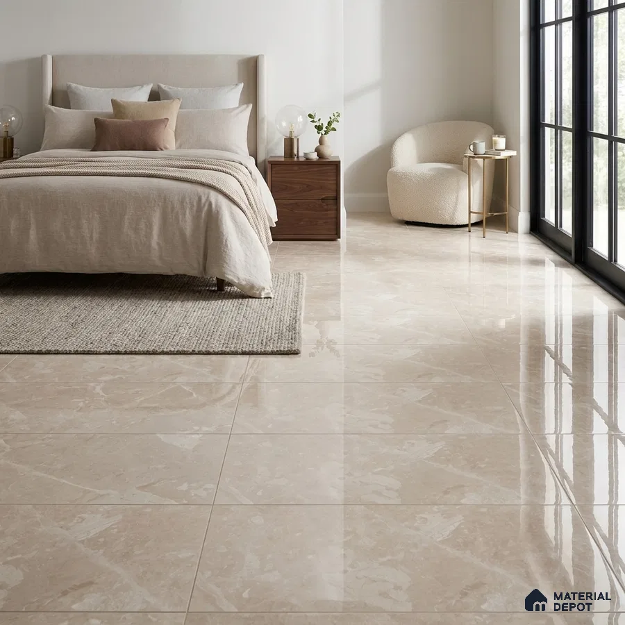 Modern Bedroom with Glossy Beige Marble-Look Floor Tile