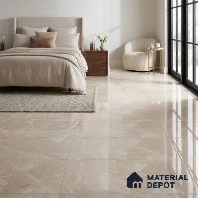 Modern Bedroom with Glossy Beige Marble-Look Floor Tile