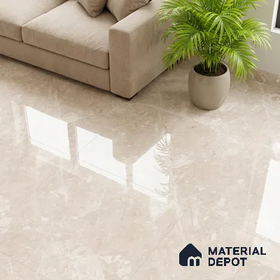Modern living room with beige marble-look glossy floor tiles and neutral fabric sofa