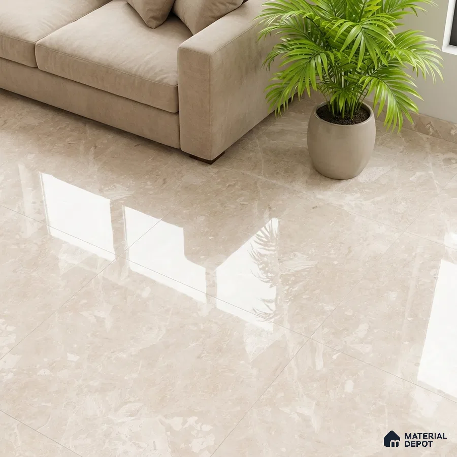 Modern living room with beige marble-look glossy floor tiles and neutral fabric sofa