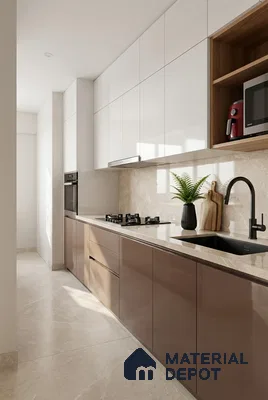 Modern kitchen with glossy taupe and white laminate, beige marble backsplash, and marble floor tile
