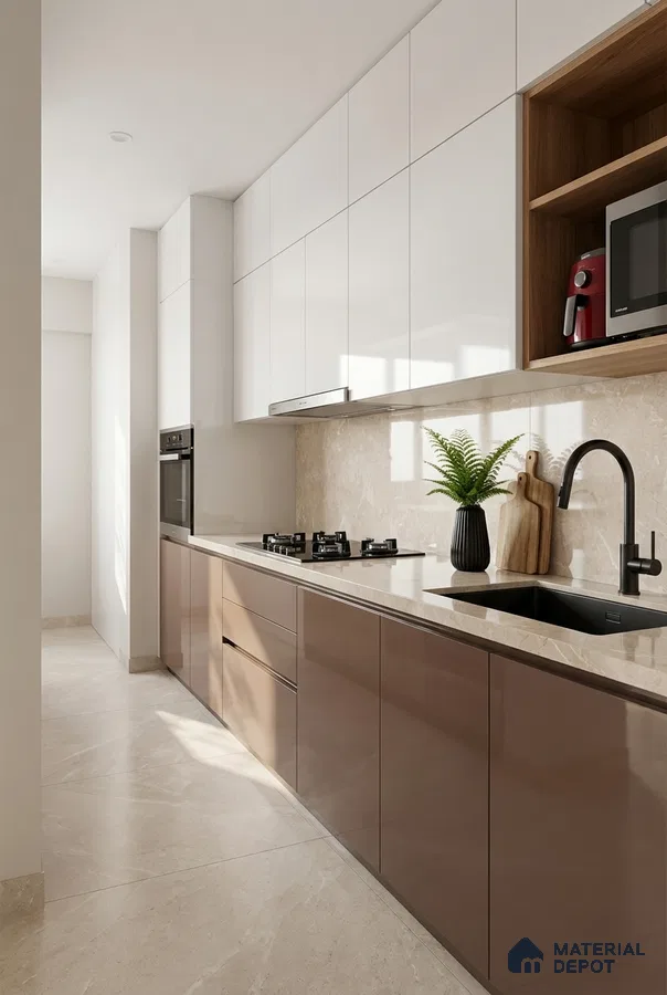 Modern kitchen with glossy taupe and white laminate, beige marble backsplash, and marble floor tile