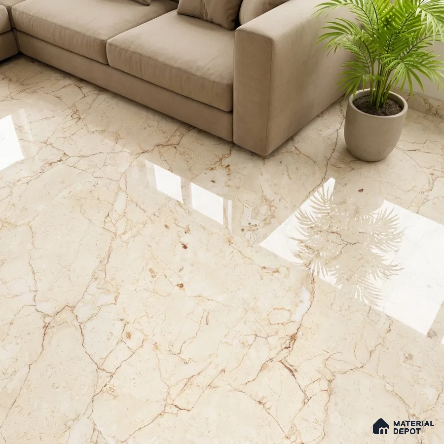 Modern living room with polished botticino marble floor tile and beige sofa