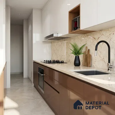 Modern kitchen with glossy brown laminate, frosty white laminate, and beige marble backsplash