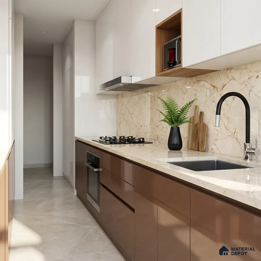 Modern kitchen with glossy brown laminate, frosty white laminate, and beige marble backsplash