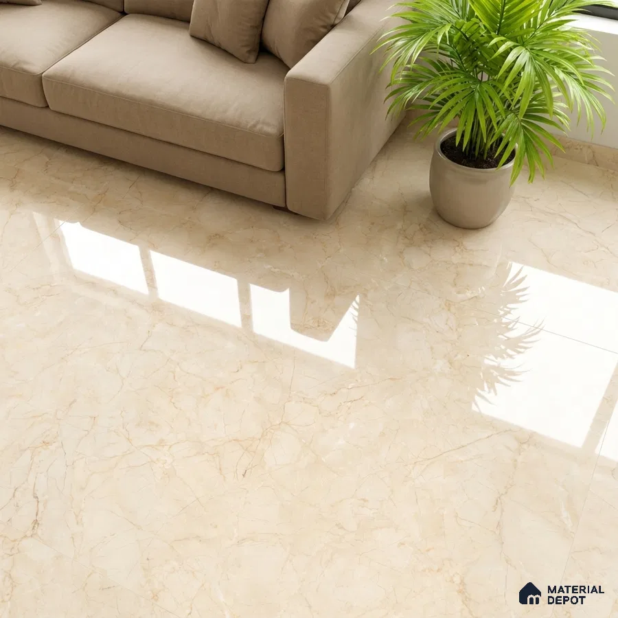 Modern living room with beige marble-look polished floor tile and taupe fabric sofa