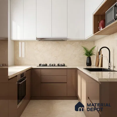 Modern U-shaped kitchen with glossy white and cappuccino laminate, beige marble backsplash and countertop