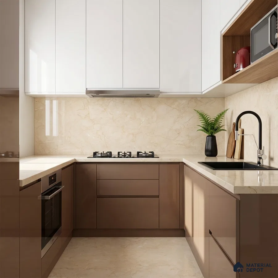 Modern U-shaped kitchen with glossy white and cappuccino laminate, beige marble backsplash and countertop