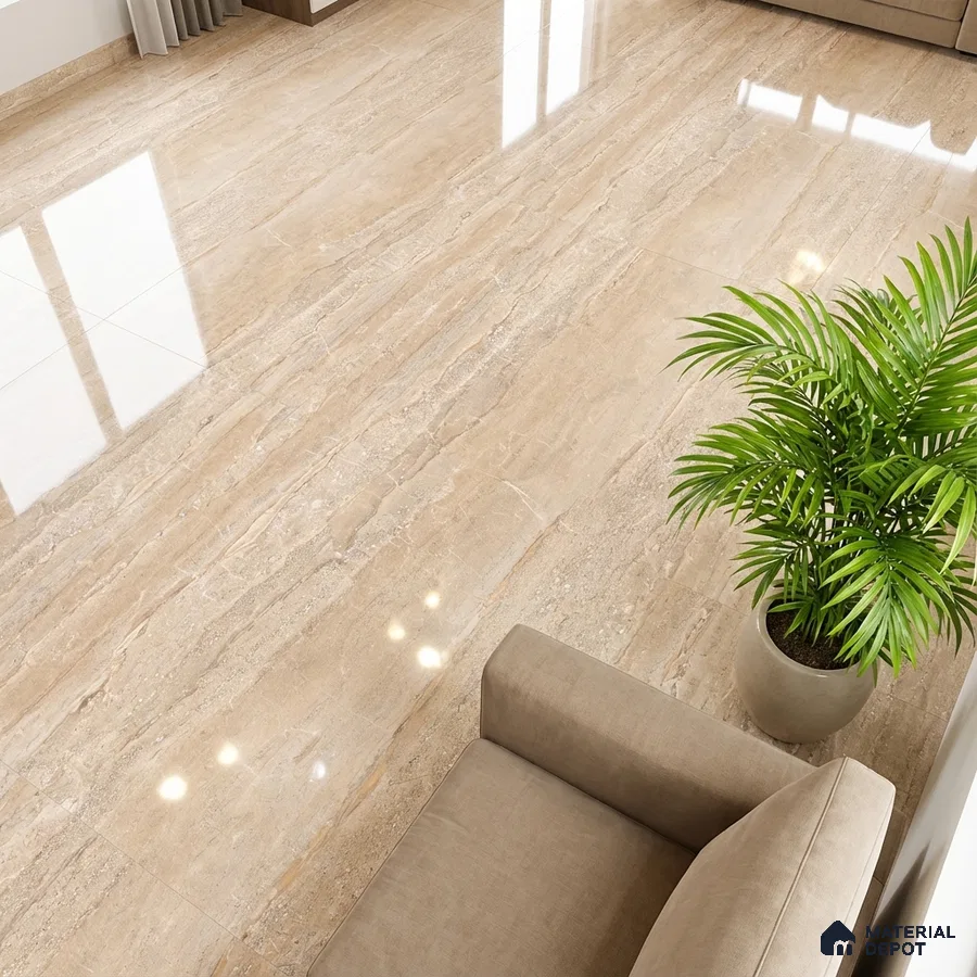 Modern living room with polished beige marble-look floor tiles