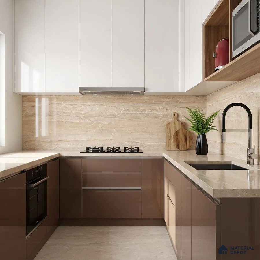 Modern kitchen with glossy brown laminate, frosty white laminate, and beige marble backsplash