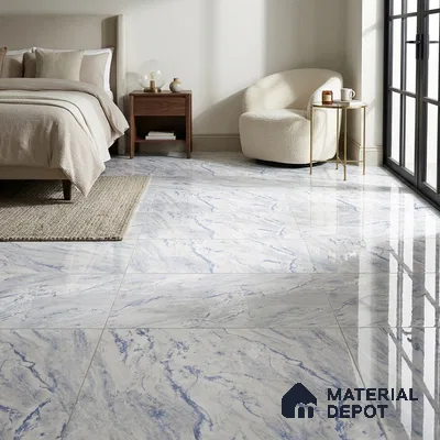 Modern Bedroom with Glossy White and Blue Marble-Look Floor Tile