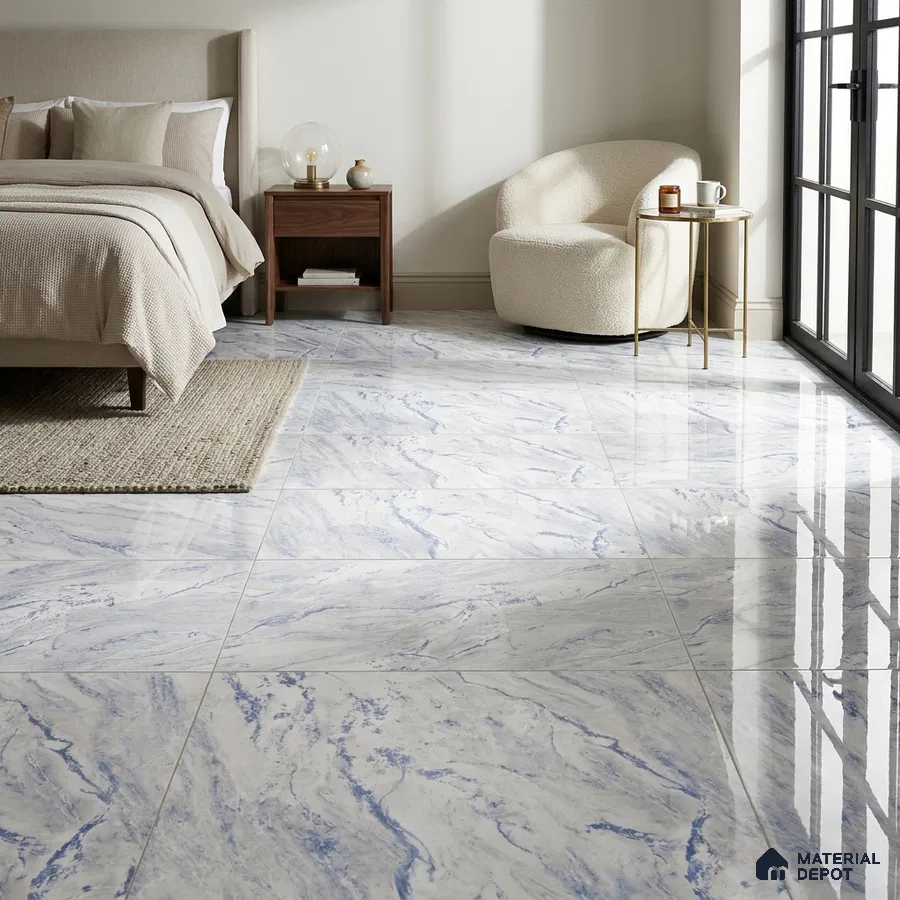 Modern Bedroom with Glossy White and Blue Marble-Look Floor Tile