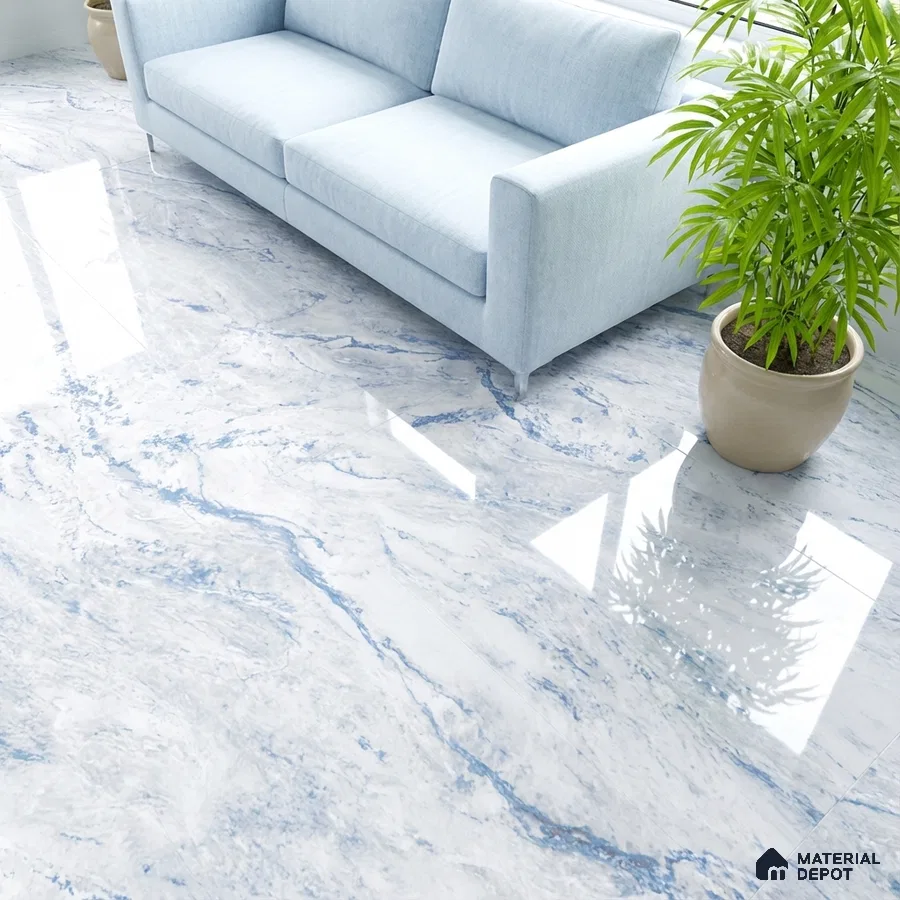 Minimalist living room with blue marble-look glossy floor tiles and pastel blue sofa