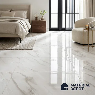Modern Bedroom with Glossy White Marble-Look Floor Tile