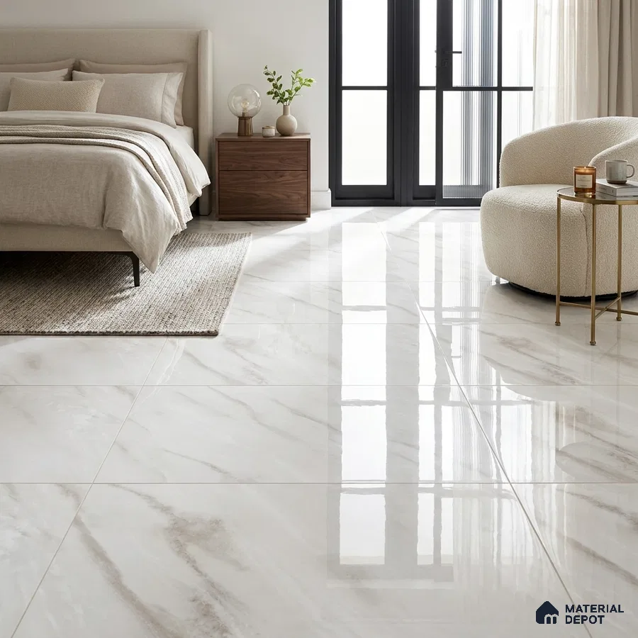 Modern Bedroom with Glossy White Marble-Look Floor Tile