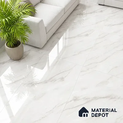 Modern living room with polished white marble-look floor tiles and neutral sofa