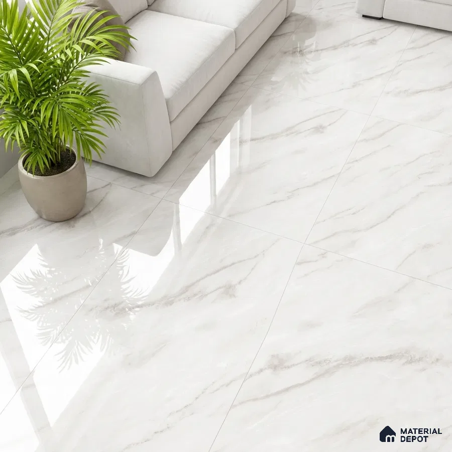 Modern living room with polished white marble-look floor tiles and neutral sofa