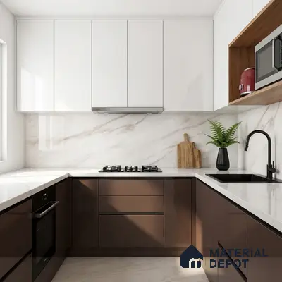 Modern dual tone kitchen with glossy brown laminate, frosty white laminate, and marble-look backsplash