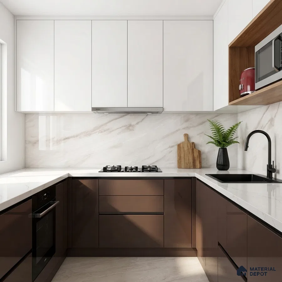 Modern dual tone kitchen with glossy brown laminate, frosty white laminate, and marble-look backsplash
