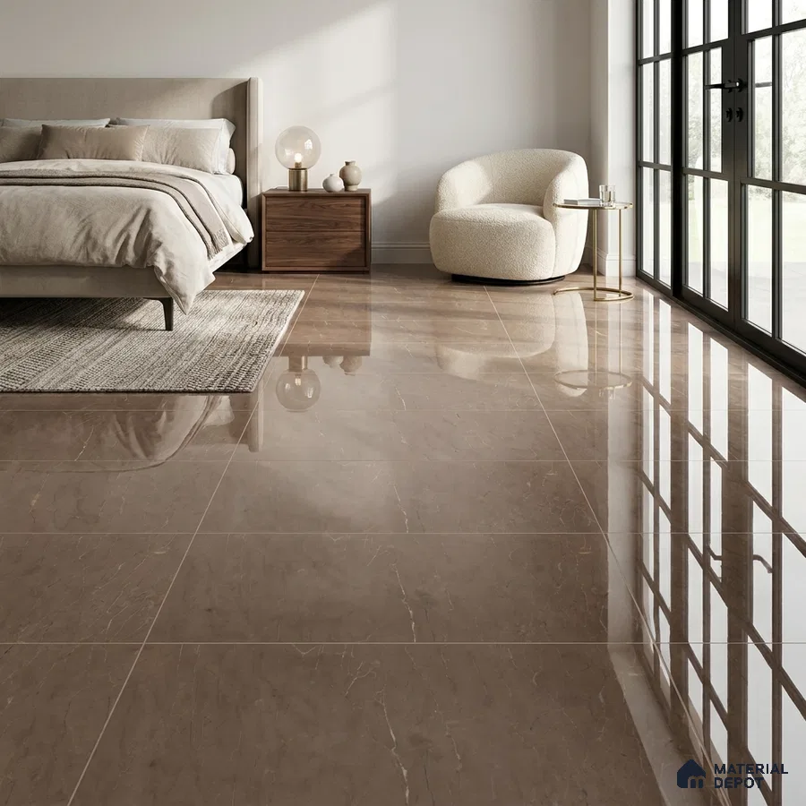 Modern Bedroom with Glossy Brown Marble-Look Floor Tile
