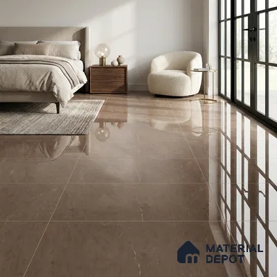 Modern Bedroom with Glossy Brown Marble-Look Floor Tile