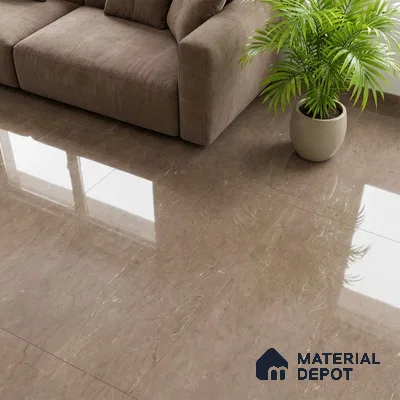Modern living room with glossy beige marble floor tiles and taupe fabric sofa
