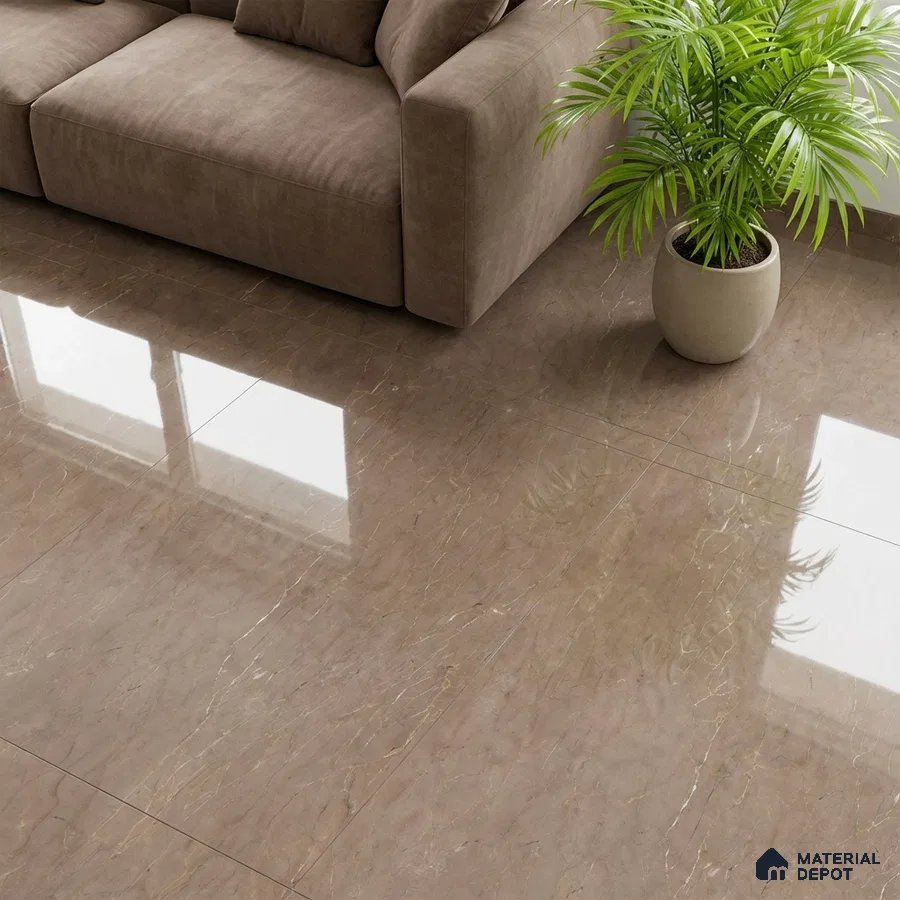 Modern living room with glossy beige marble floor tiles and taupe fabric sofa