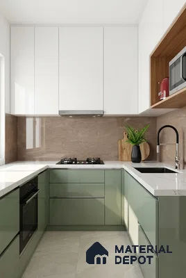 Modern U-shaped kitchen with sage green and white high gloss laminate, marble-look quartz countertop, and beige marble backsplash