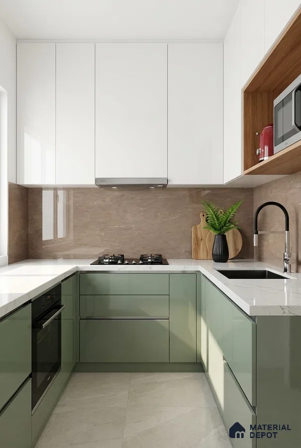 Modern U-shaped kitchen with sage green and white high gloss laminate, marble-look quartz countertop, and beige marble backsplash