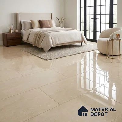 Modern Bedroom with Glossy Cream Marble-Look Floor Tile
